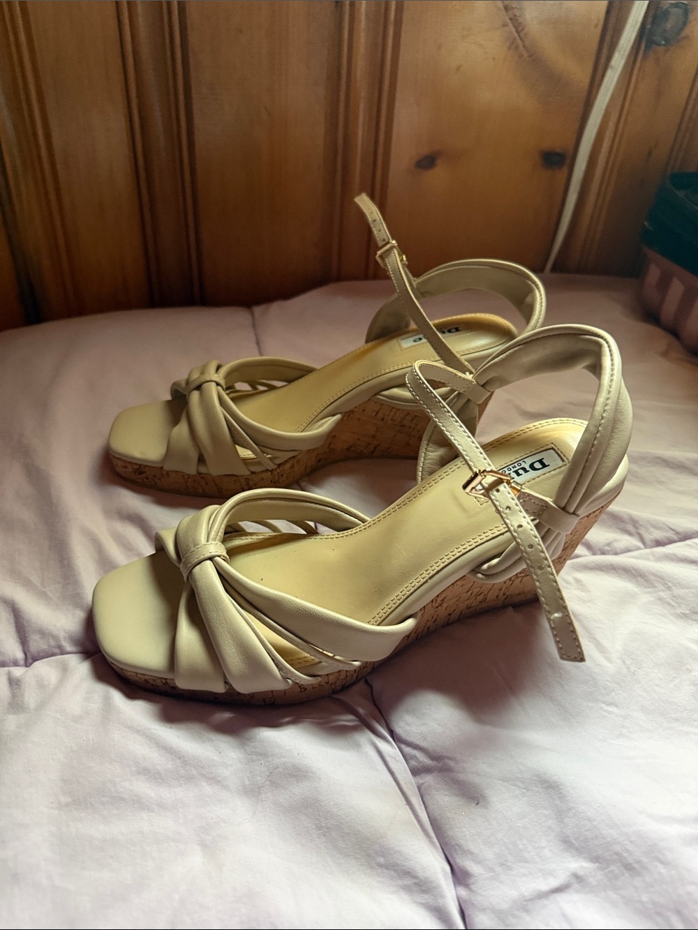 Dune London Beige Knot-Front Cork Wedge Sandals